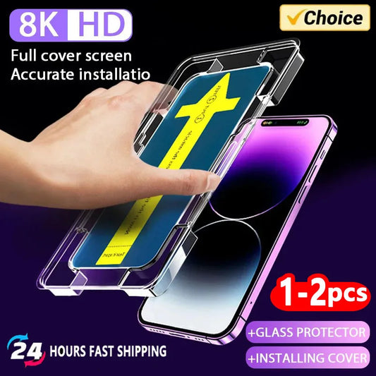 1-2Pc 8K High End Tempered Glass For iPhone Series Screen Protector With Alignment Mounting Cover