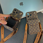 Premium Leather Monogram iPhone Case With Wallet And Crossbody Strap