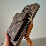 Premium Leather Monogram iPhone Case With Wallet And Crossbody Strap