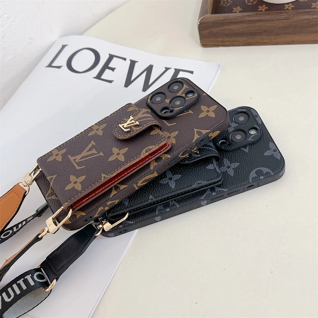 Louis Vuitton Monogram Canvas Leather Button Card Holder Crossbody iPhone Case