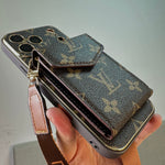 Premium Leather Monogram iPhone Case With Wallet And Crossbody Strap