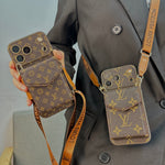 Premium Leather Monogram iPhone Case With Wallet And Crossbody Strap