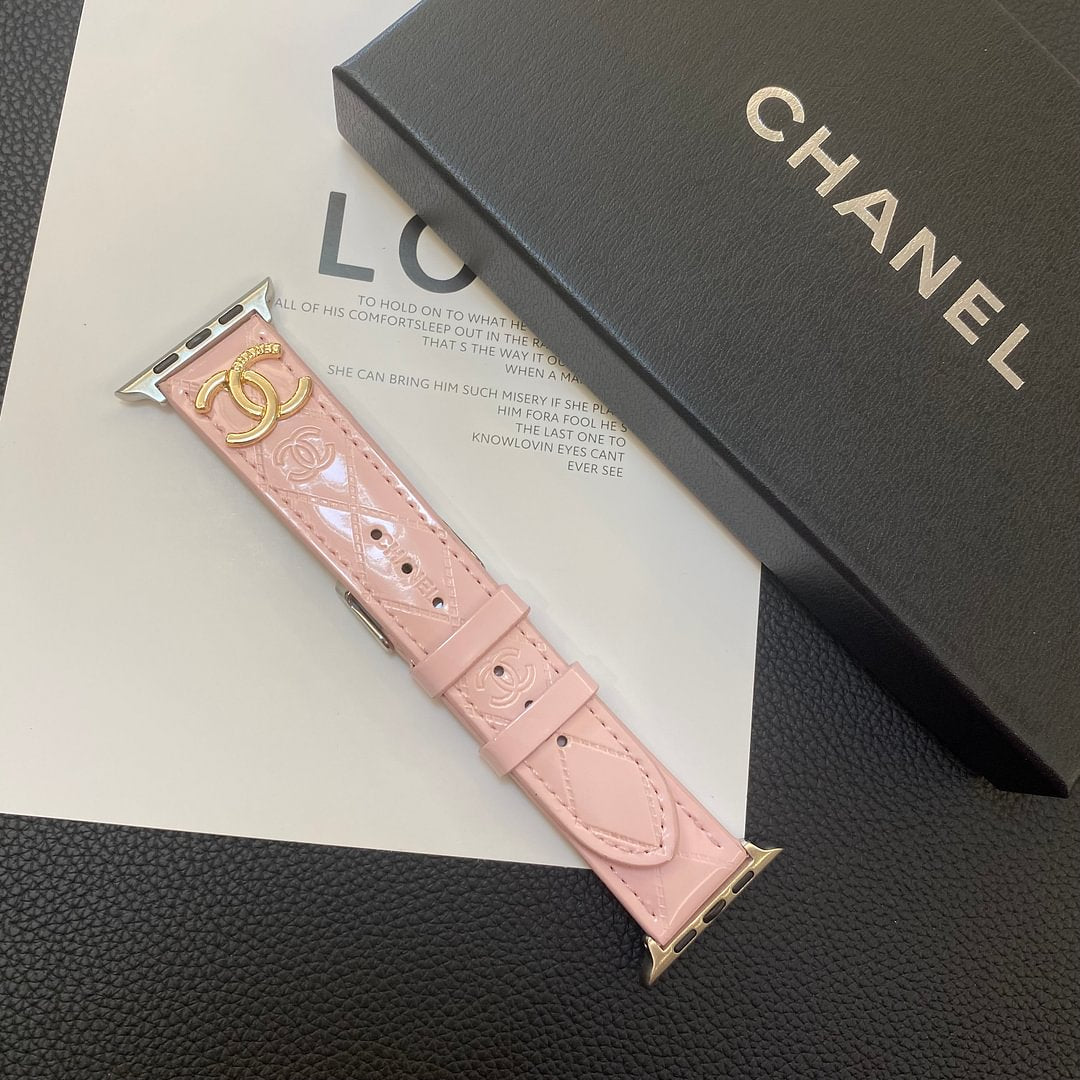 Chanel Glossy Leather Apple Watch Strap Luxury Metal Logo