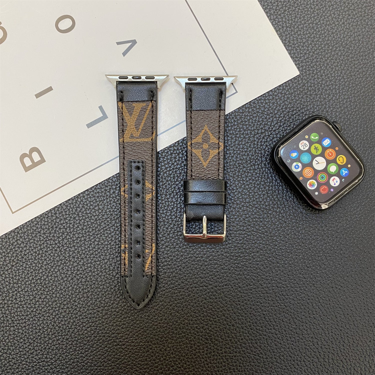 APPLE WATCH GENUINE LEATHER STRAP STITCHING MONOGRAM LEATHER