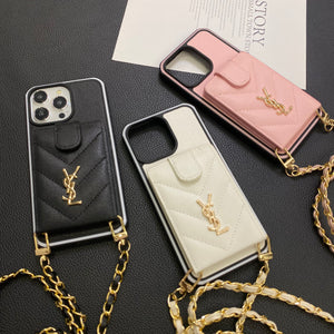 CASE YSL  LONG ROPE LEATHER CARD HOLDER FOR IPHONE 16 15 14