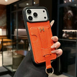 Luxury Pebbled Leather iPhone Case with Wallet Pocket Hand Strap