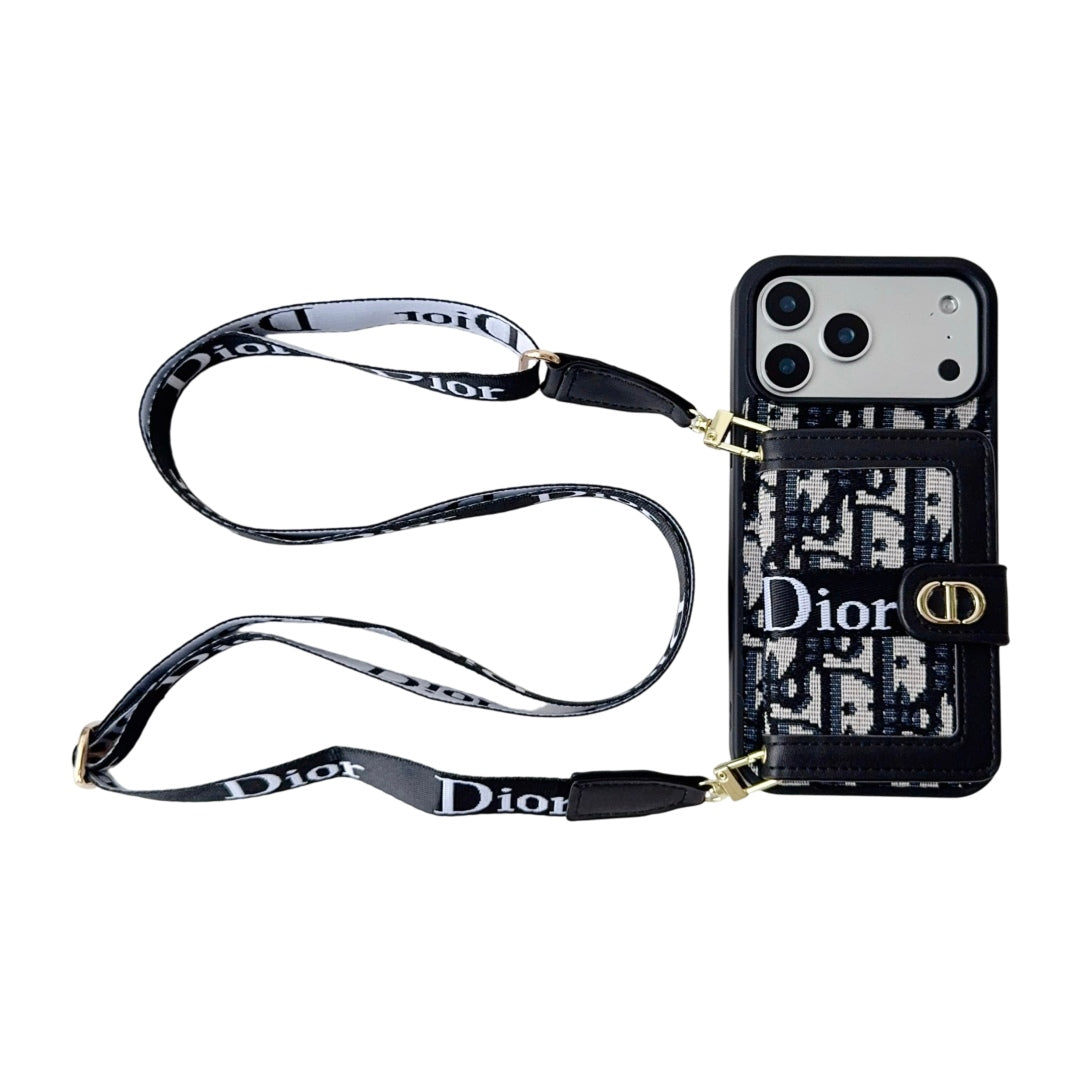 Dior Leather Phone Case With Card Wallet And Strap For iPhone 17 / 16 / 15 / 14