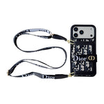 Dior Leather Phone Case With Card Wallet And Strap For iPhone 17 / 16 / 15 / 14