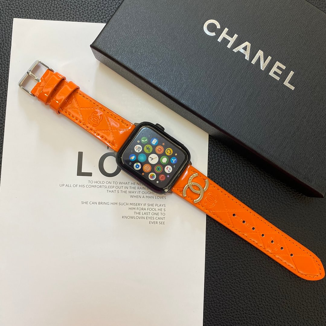 Chanel Glossy Leather Apple Watch Strap Luxury Metal Logo