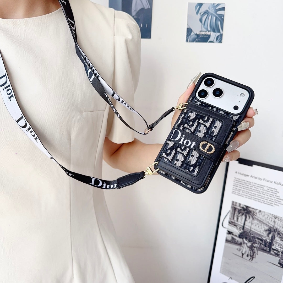Dior Leather Phone Case With Card Wallet And Strap For iPhone 17 / 16 / 15 / 14
