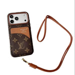 Luxury Monogram Cardholder Phone Case with Lanyard Strap For iPhone 13-18