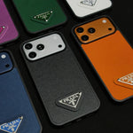 Premium Saffiano Leather Case with Metallic Badge for iPhone 12-17 Series