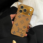 Elite Monogram Leather-Texture iPhone Case with Gold Accents