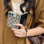 Premium Monogram Leather Folding Case with Gold Trim for iPhone Duo