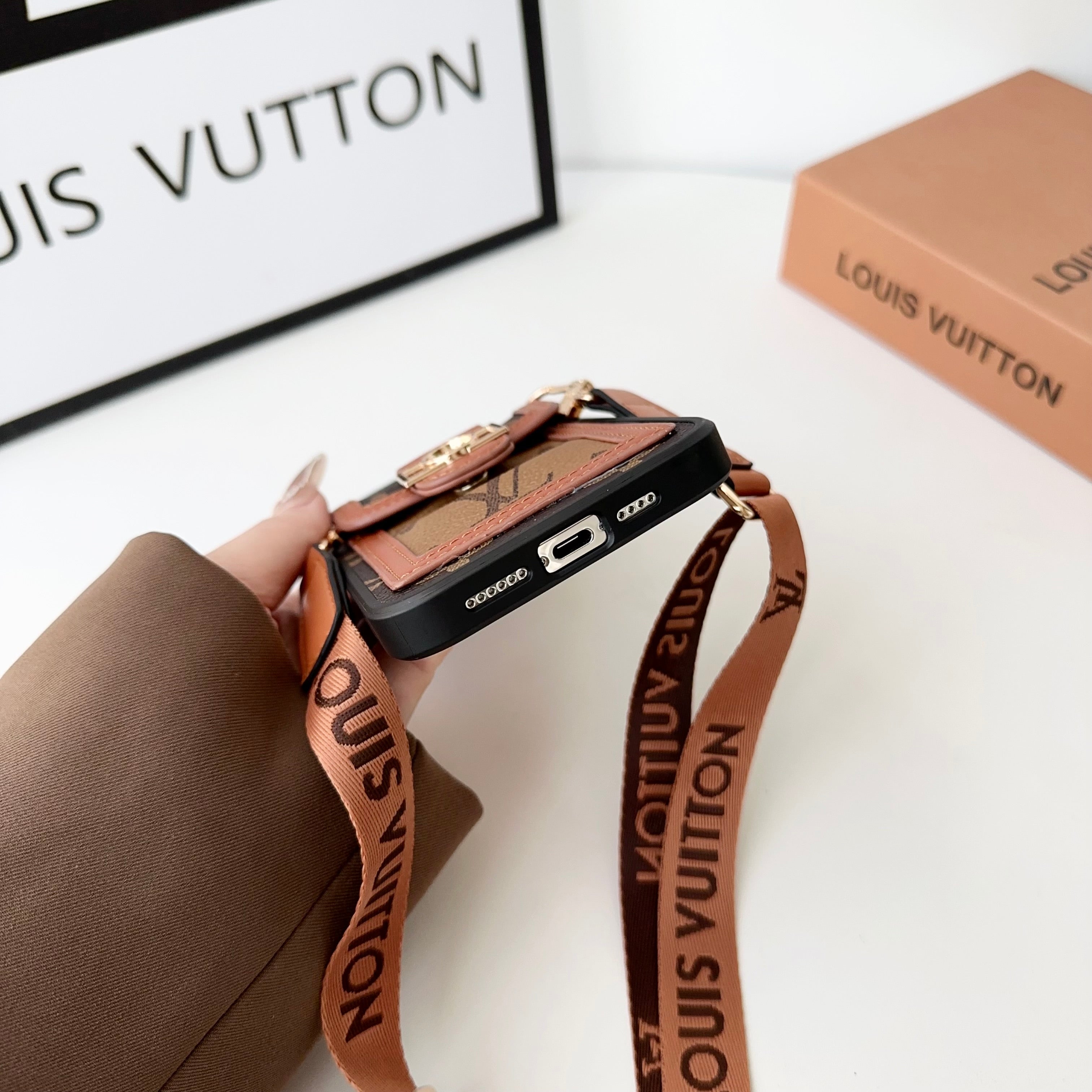 LV DAUPHINE LEATHER MONOGRAM CROSSBODY IPHONE CASE