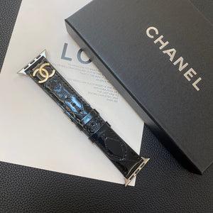 Chanel Glossy Leather Apple Watch Strap Luxury Metal Logo