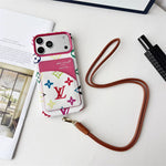 Luxury Monogram Cardholder Phone Case with Lanyard Strap For iPhone 13-18