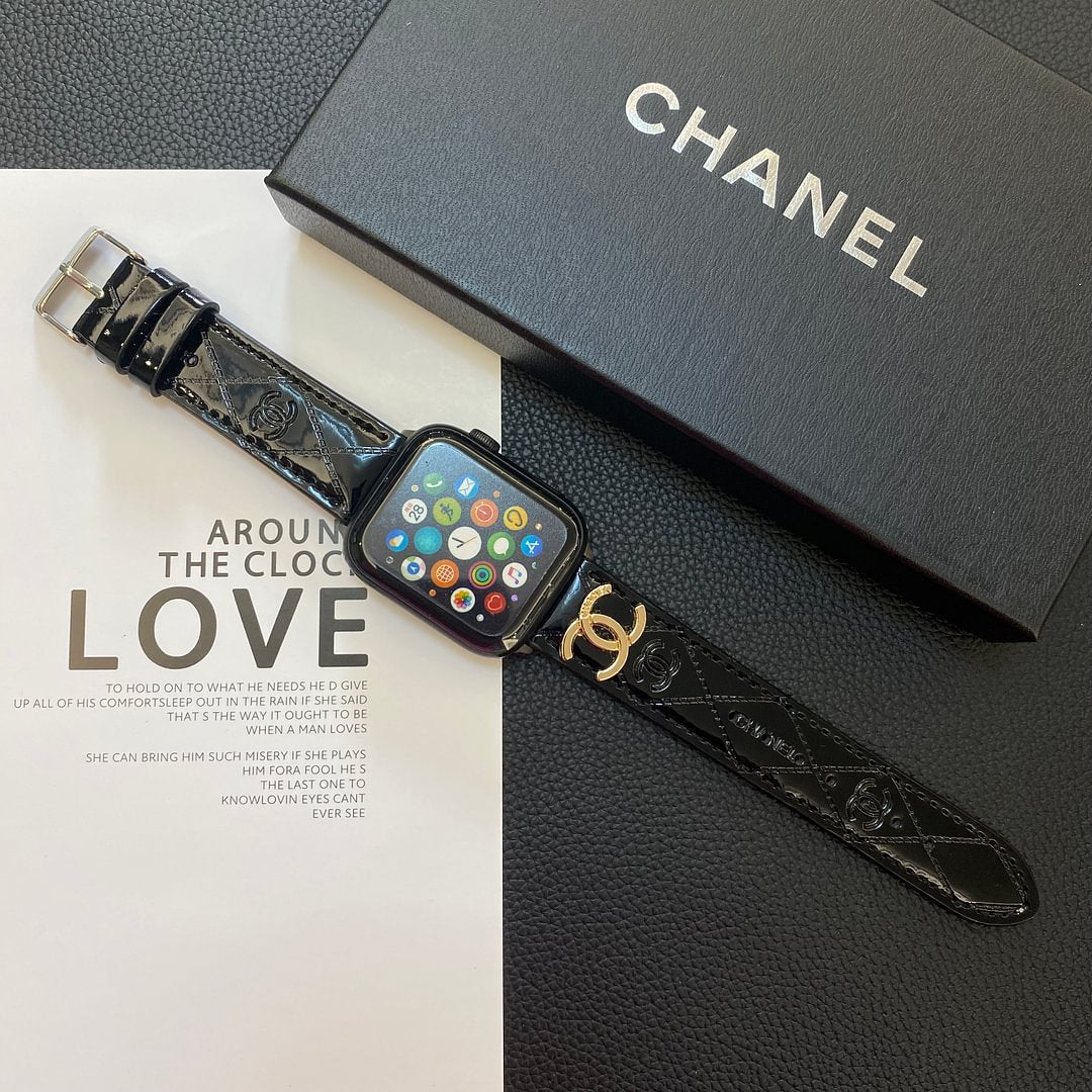 Chanel Glossy Leather Apple Watch Strap Luxury Metal Logo