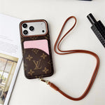 Luxury Monogram Cardholder Phone Case with Lanyard Strap For iPhone 13-18