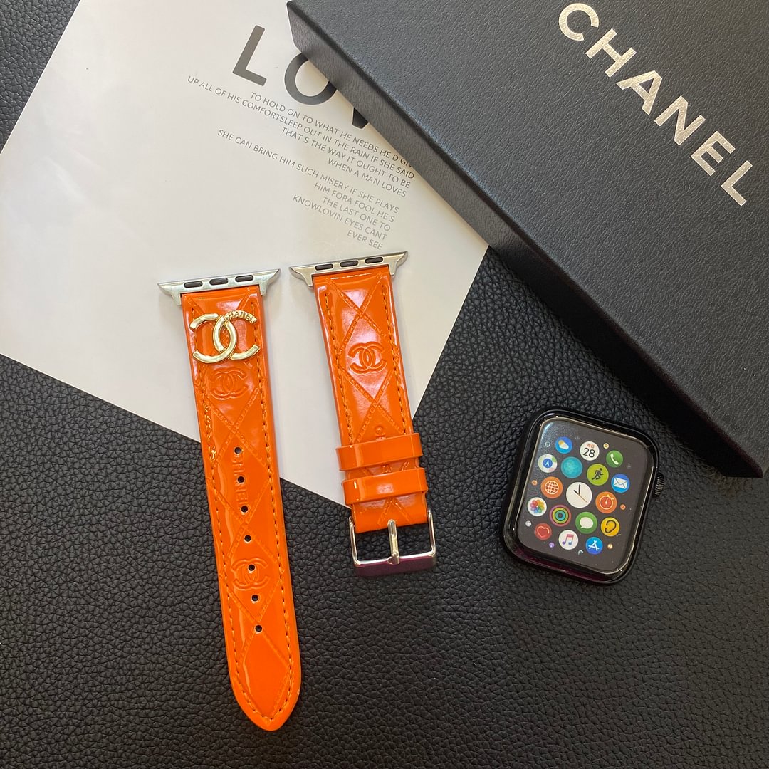 Chanel Glossy Leather Apple Watch Strap Luxury Metal Logo