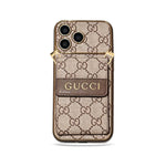 GG Premium Leather iPhone 17 Case with Card Holder and Shoulder Strap