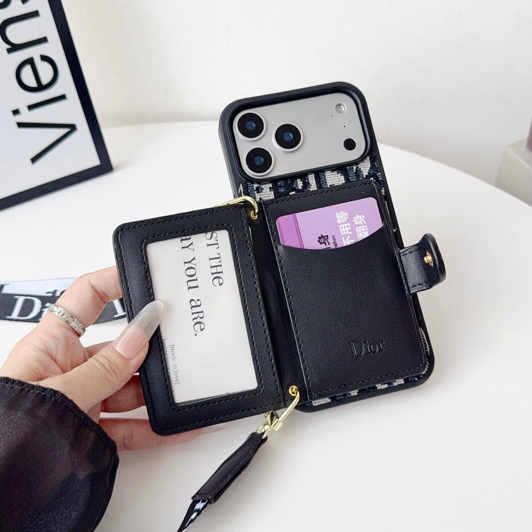 Dior Leather Phone Case With Card Wallet And Strap For iPhone 17 / 16 / 15 / 14