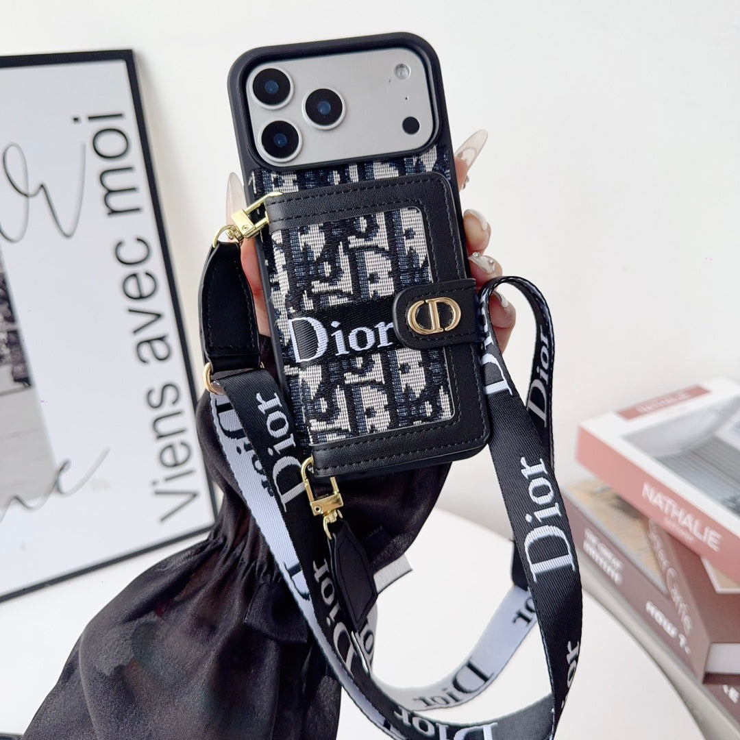 Dior Leather Phone Case With Card Wallet And Strap For iPhone 17 / 16 / 15 / 14