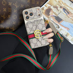 Luxury GG Supreme Monogram Wallet iPhone Case with Crossbody Lanyard Strap