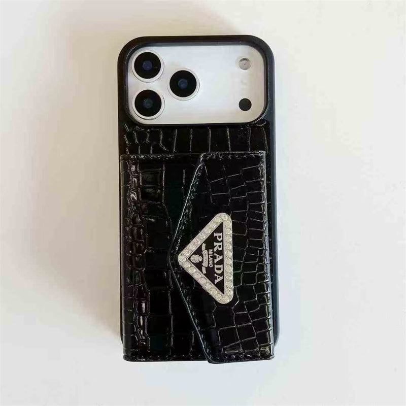 Elegant Prada Apple Phone Case with Card Holder For iPhone 17 / 16 / 15 / 14