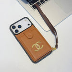 Premium Chanel Leather Phone Case with Strap for iPhone 13-18 Pro & Pro Max