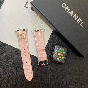 Chanel Glossy Leather Apple Watch Strap Luxury Metal Logo