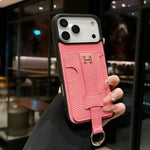 Luxury Pebbled Leather iPhone Case with Wallet Pocket Hand Strap