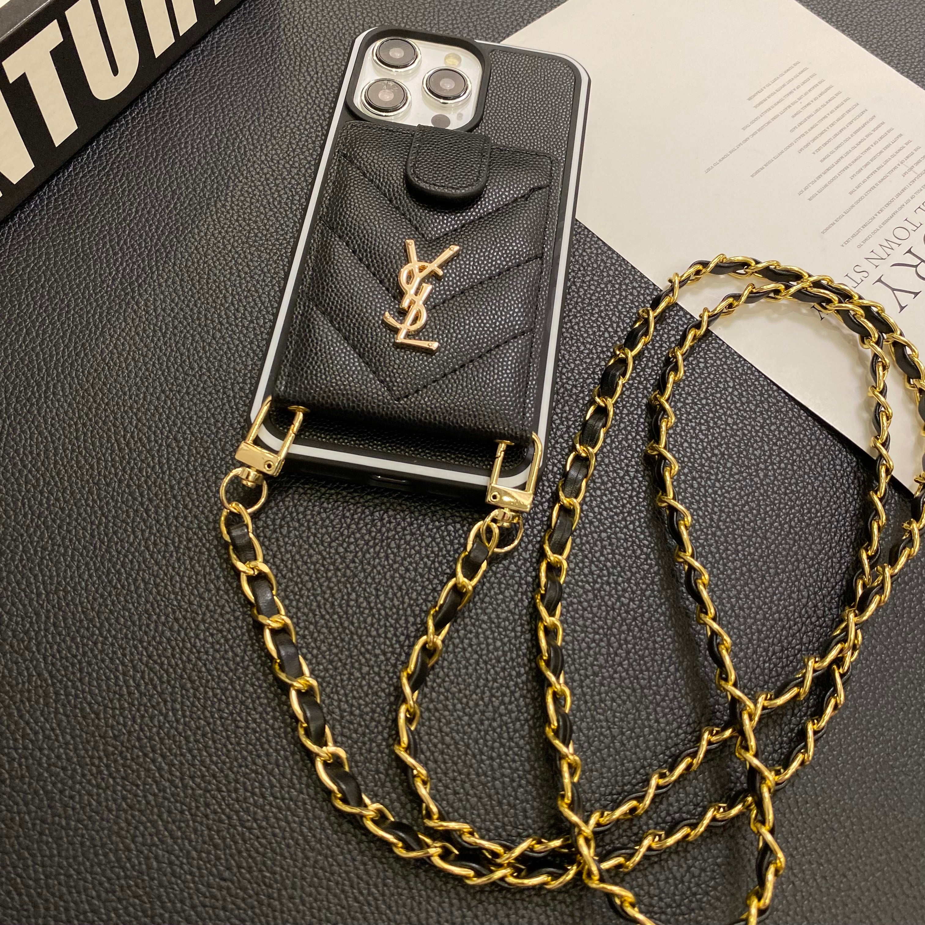 YSL Crossbody Long Rope Leather Card Holder Apple iPhone Case