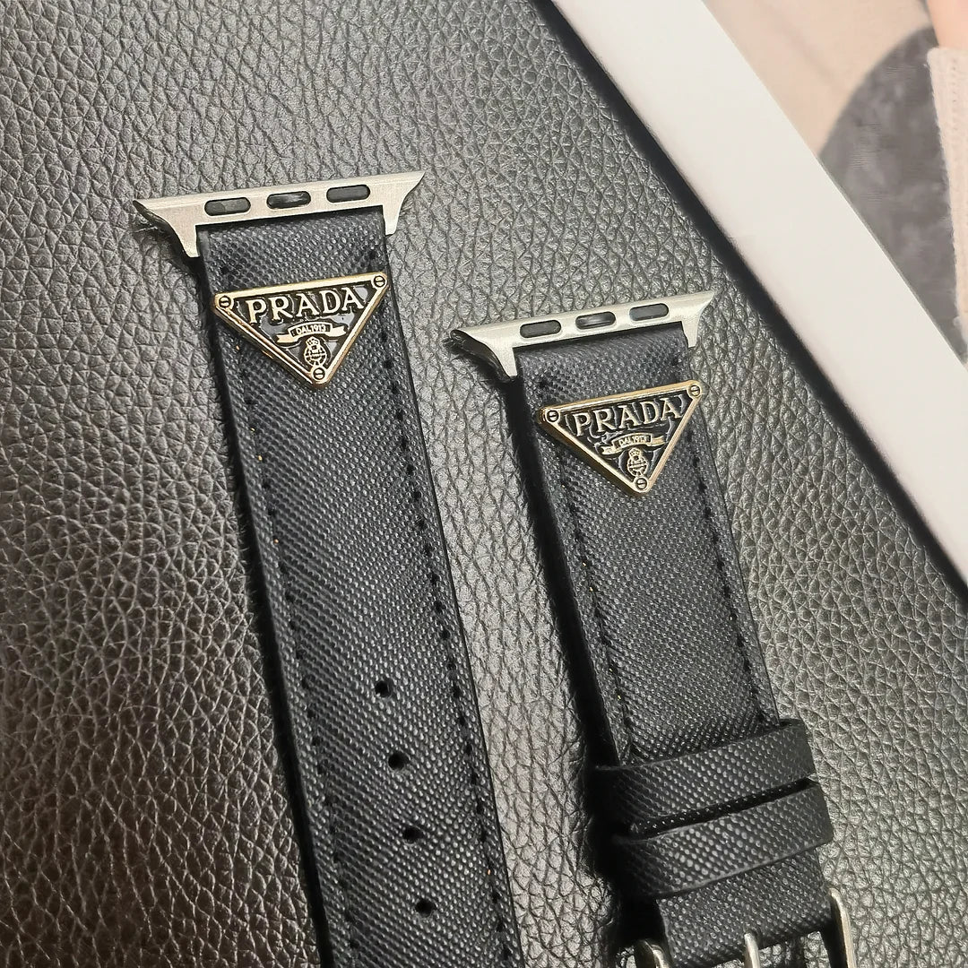 Prada Classic Double Triangle Monogram Label Leather Apple Watch Band