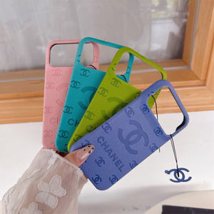 Chanel Style Monogram Leather Case with CC Charm for iPhone 12-18