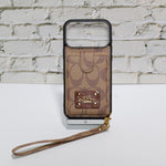 Luxury Monogram Card Holder Phone Case with Strap for iPhone 12-17 Series