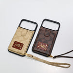 Luxury Monogram Card Holder Phone Case with Strap for iPhone 12-17 Series