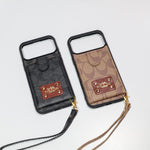 Luxury Monogram Card Holder Phone Case with Strap for iPhone 12-17 Series