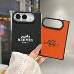 Luxury Textured Hermes Leather Logo Printed Case for iPhone Duo