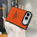Luxury Textured Hermes Leather Logo Printed Case for iPhone Duo
