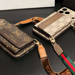 GG Refined Leather Wallet Case with Crossbody Strap for iPhone 12-18 Pro & Pro Max