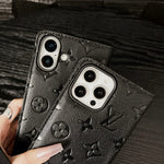 Premium Leather Folio Monogram Phone Case with Card Holder for iPhone 12-18 Pro & Pro Max