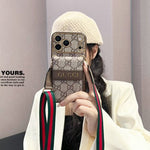 GG Premium Leather iPhone 17 Case with Card Holder and Shoulder Strap