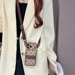 GG Premium Leather iPhone 17 Case with Card Holder and Shoulder Strap
