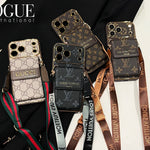 GG Premium Leather iPhone 17 Case with Card Holder and Shoulder Strap