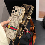 Elegant Leather GG iPhone Case With Card Wallet And Crossbody Strap
