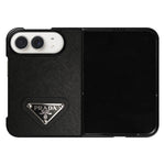 Luxury Textured Prada Leather Case with Black Metal Logo for iPhone Duo