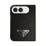 Luxury Textured Prada Leather Case with Black Metal Logo for iPhone Duo