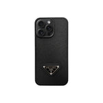 Premium Saffiano Leather Case with Metallic Badge for iPhone 12-18 Pro & Pro Max