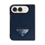 Luxury Textured Prada Leather Case with Blue Metal Logo for iPhone Duo